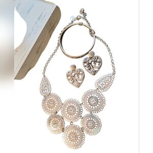 Silver Toned Metal Bib Style Necklace + Heart Earrings + Silver Bangle Bracelet